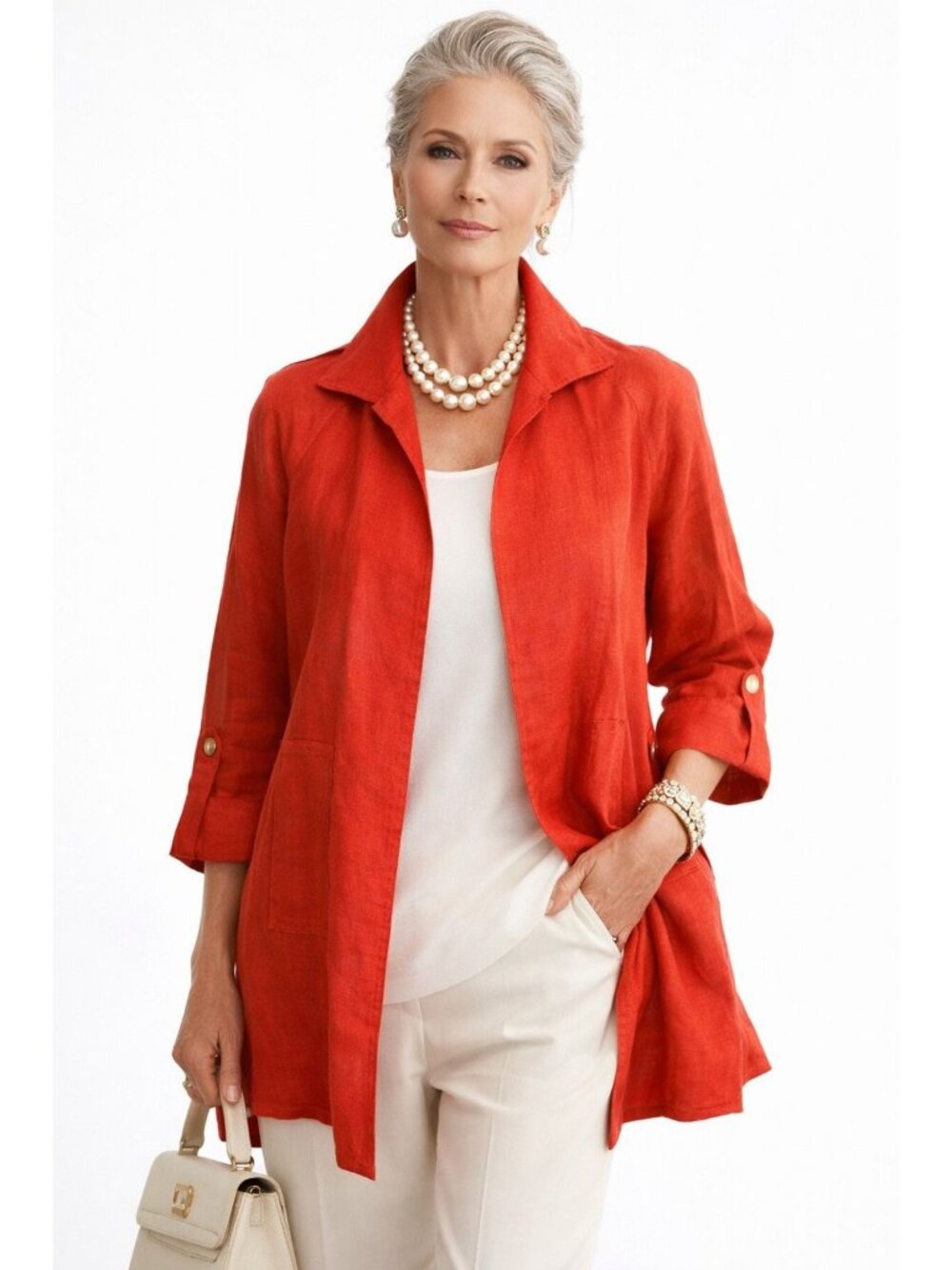 Luui 100% Linen Open Front Red Cardigan Jacket Womens M Sustainable Old Money